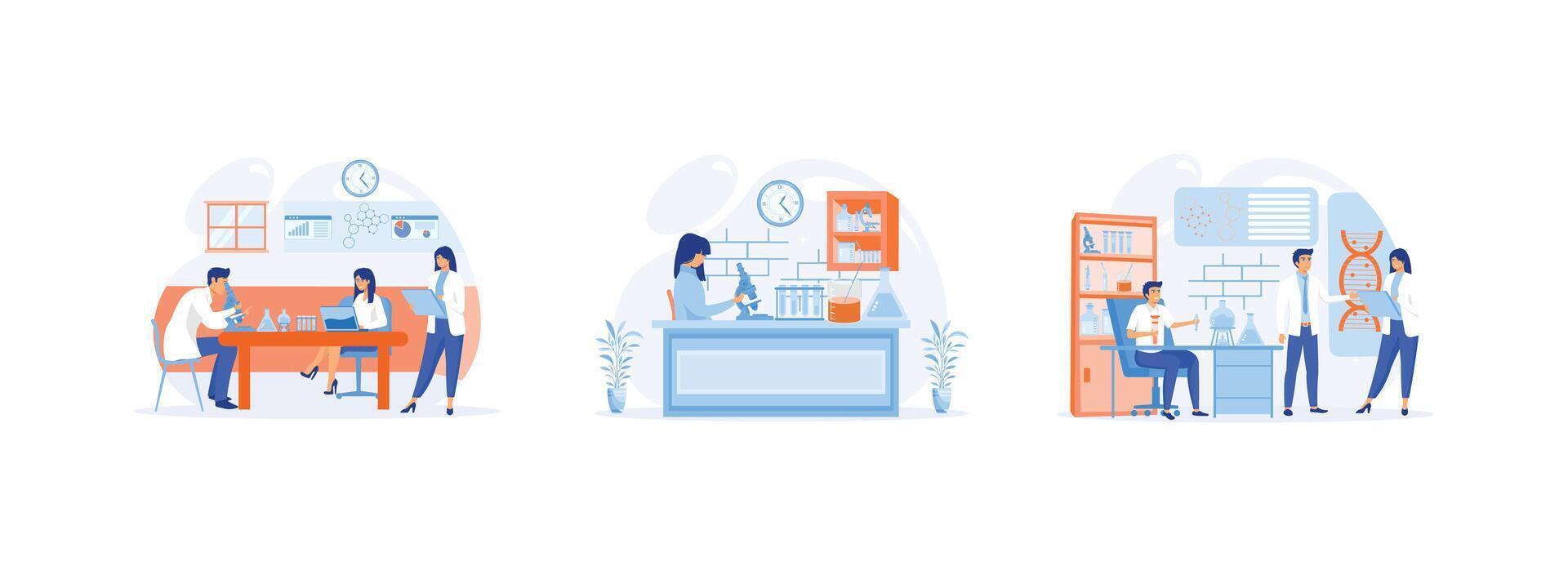 Professional scientists, Medical tests Blue chemical laboratory analysis laboratory analysis women laboratory assistant, microscope, medical office, laboratory. vector