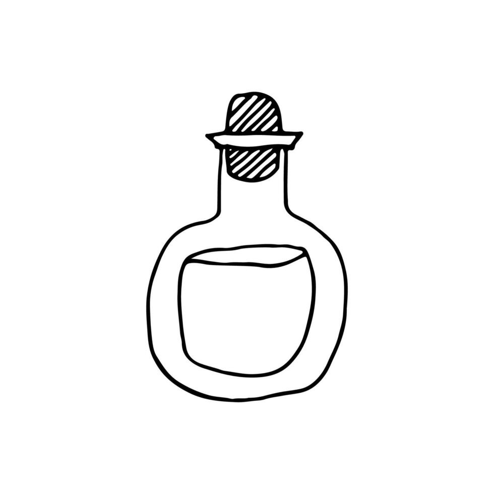 A bottle of magic potion. Magic. Elixir in a glass flask. Doodle. Vector illustration. Hand drawn. Outline.