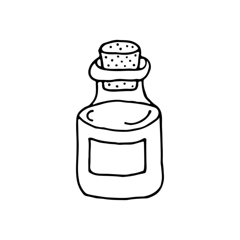 A bottle of magic potion. Magic. Elixir in a glass flask. Doodle. Vector illustration. Hand drawn. Outline.