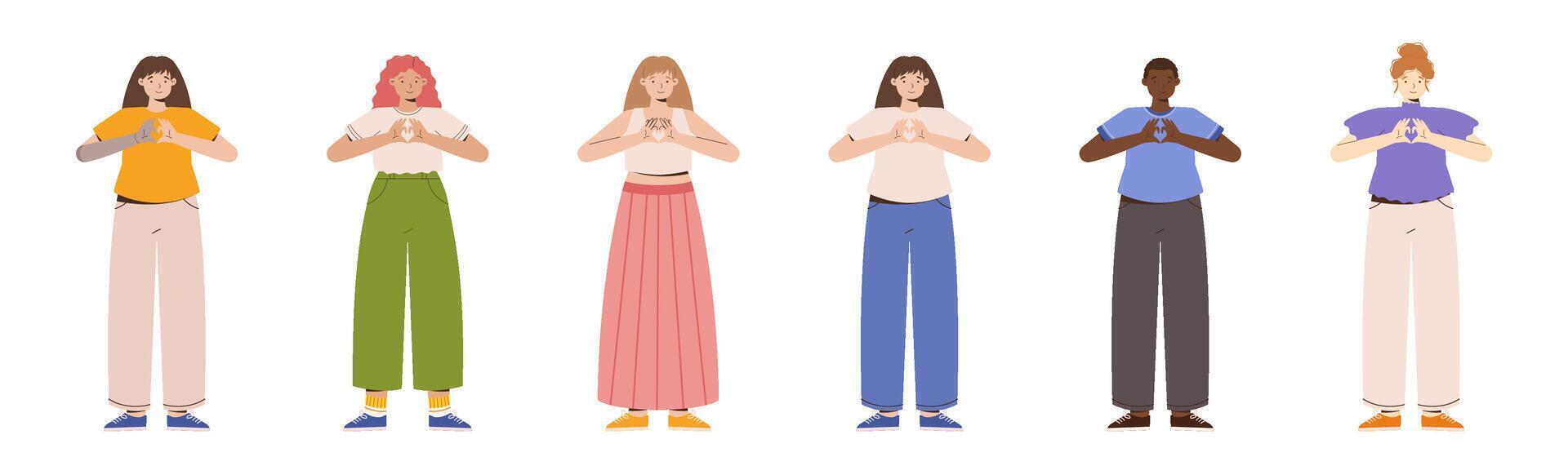 IWD Inspire Inclusion campaign, International Women's Day 2024 collection features a diversity of women making the heart gesture with their hands. Vector hand drawn illustration in flat style.