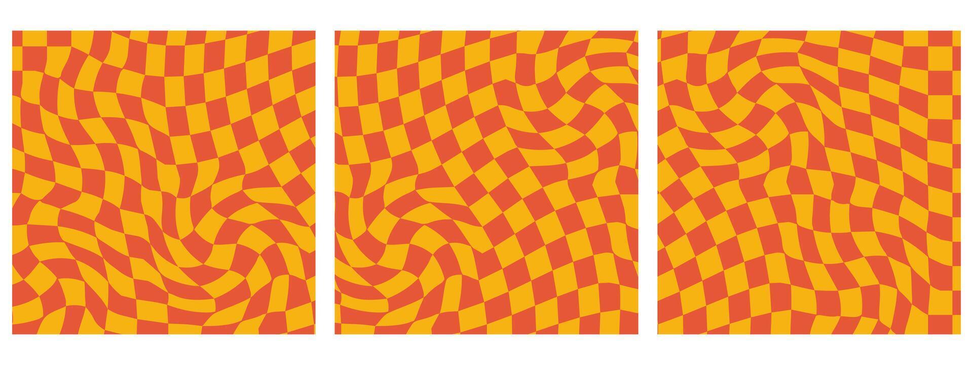 Set of Square Groovy Checkerboard Waves Patterns. Twisted and Distorted Vector Textures Bring a Trendy Retro Psychedelic Style. Perfect for Y2K Aesthetic in Oranges Color Palettes