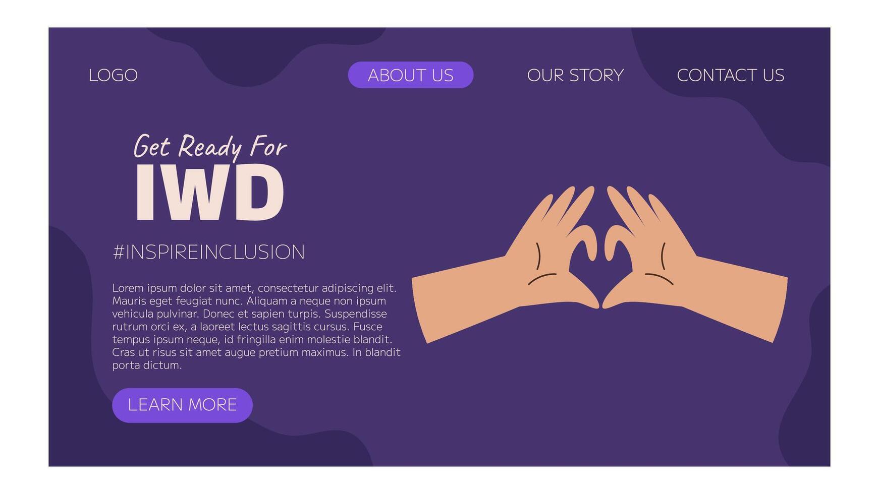 IWD Inspire Inclusion campaign, International Women's Day 2024 Landing page template features variety of hands showing the heart gesture. Vector hand drawn illustration in flat style.