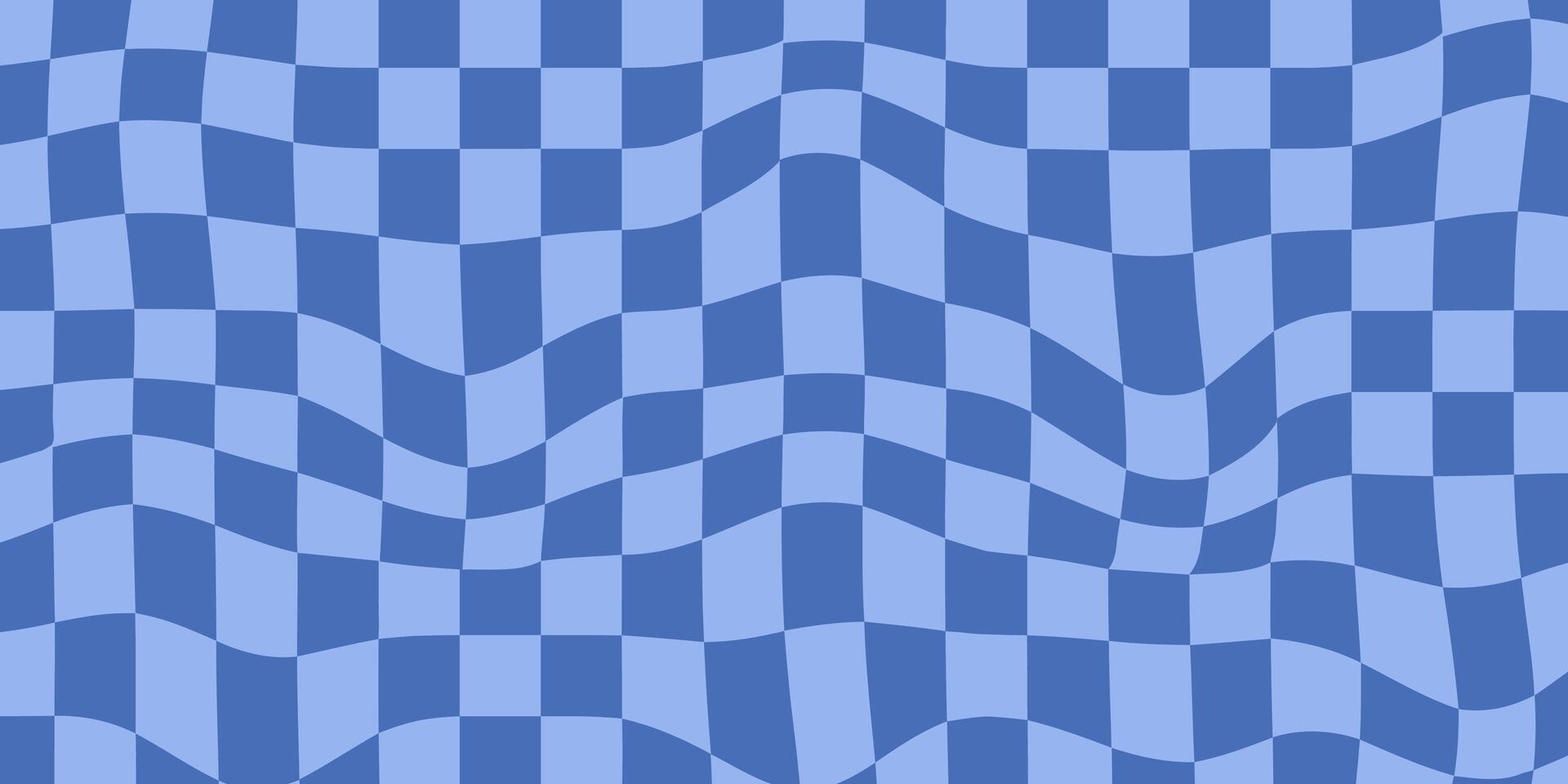 Retro Groovy Wavy Psychedelic Checkerboard Y2K Background. 60s 70s 90s Check Blue Color Backdrop vector