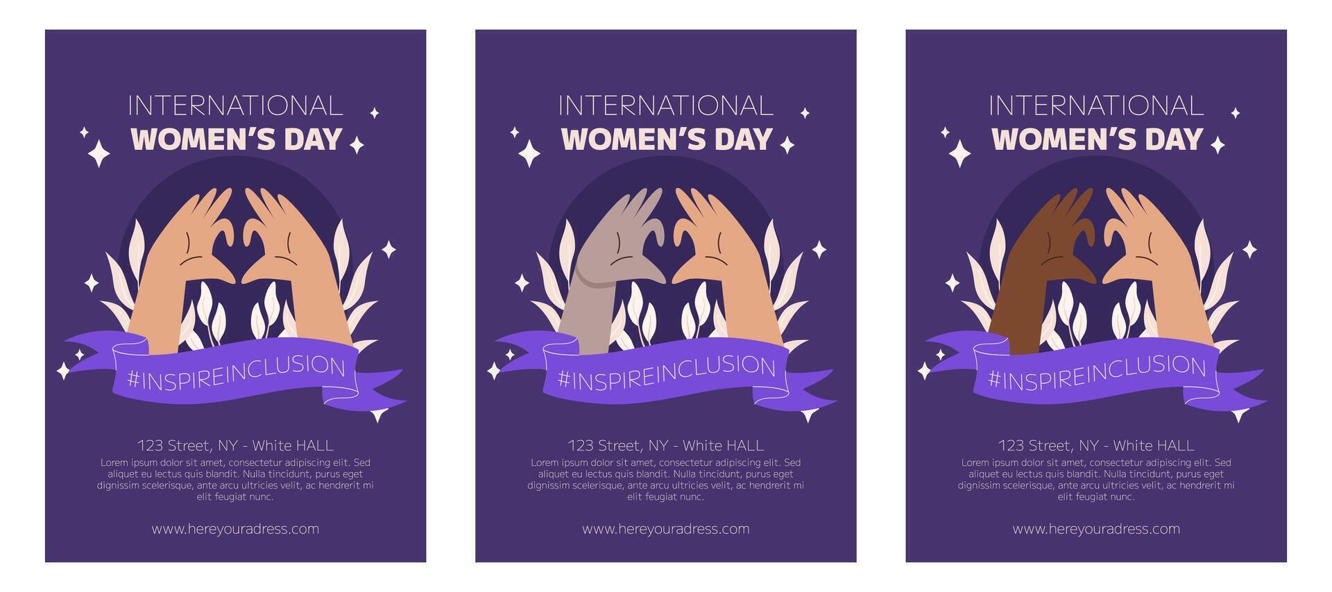 IWD Inspire Inclusion campaign, International Women's Day 2024 Poster collection features variety of hands showing the heart gesture. Vector hand drawn illustration in flat style.