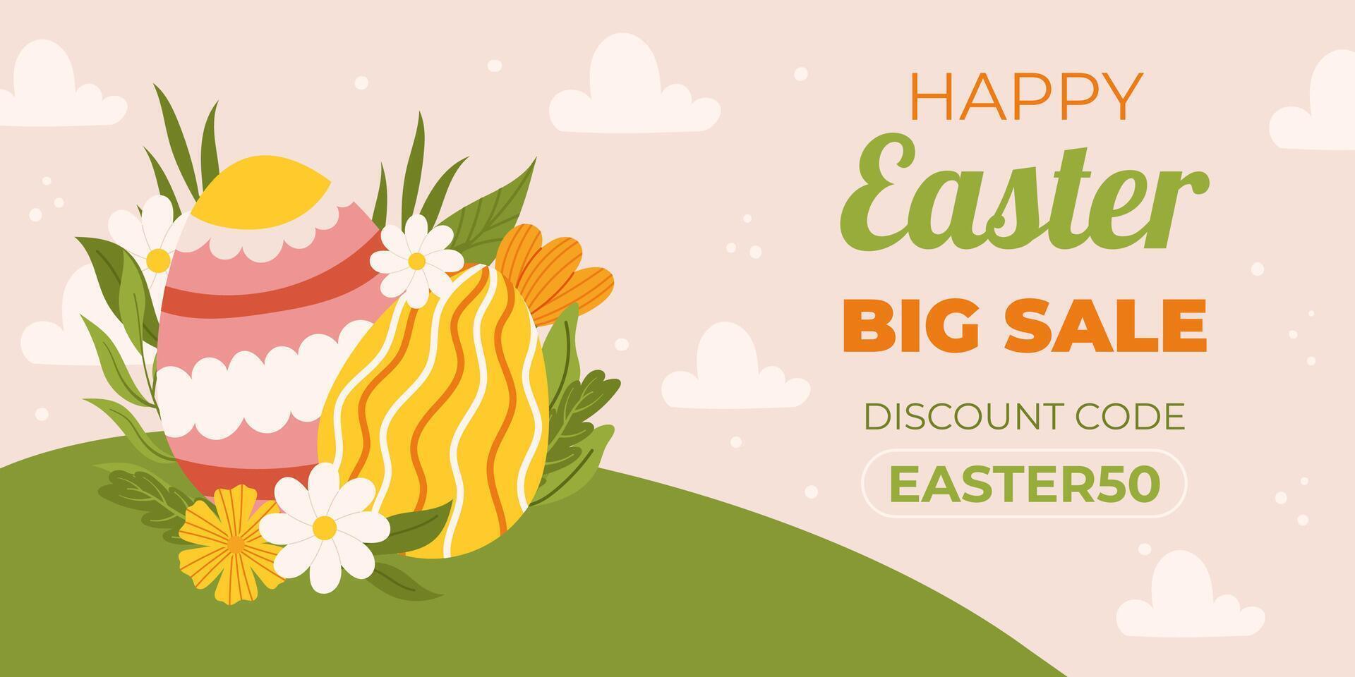 Easter sale horizontal background template for promotion. Design with  painted eggs on green grass field with flowers and leaves. Spring seasonal advertising. Hand drawn flat vector illustration