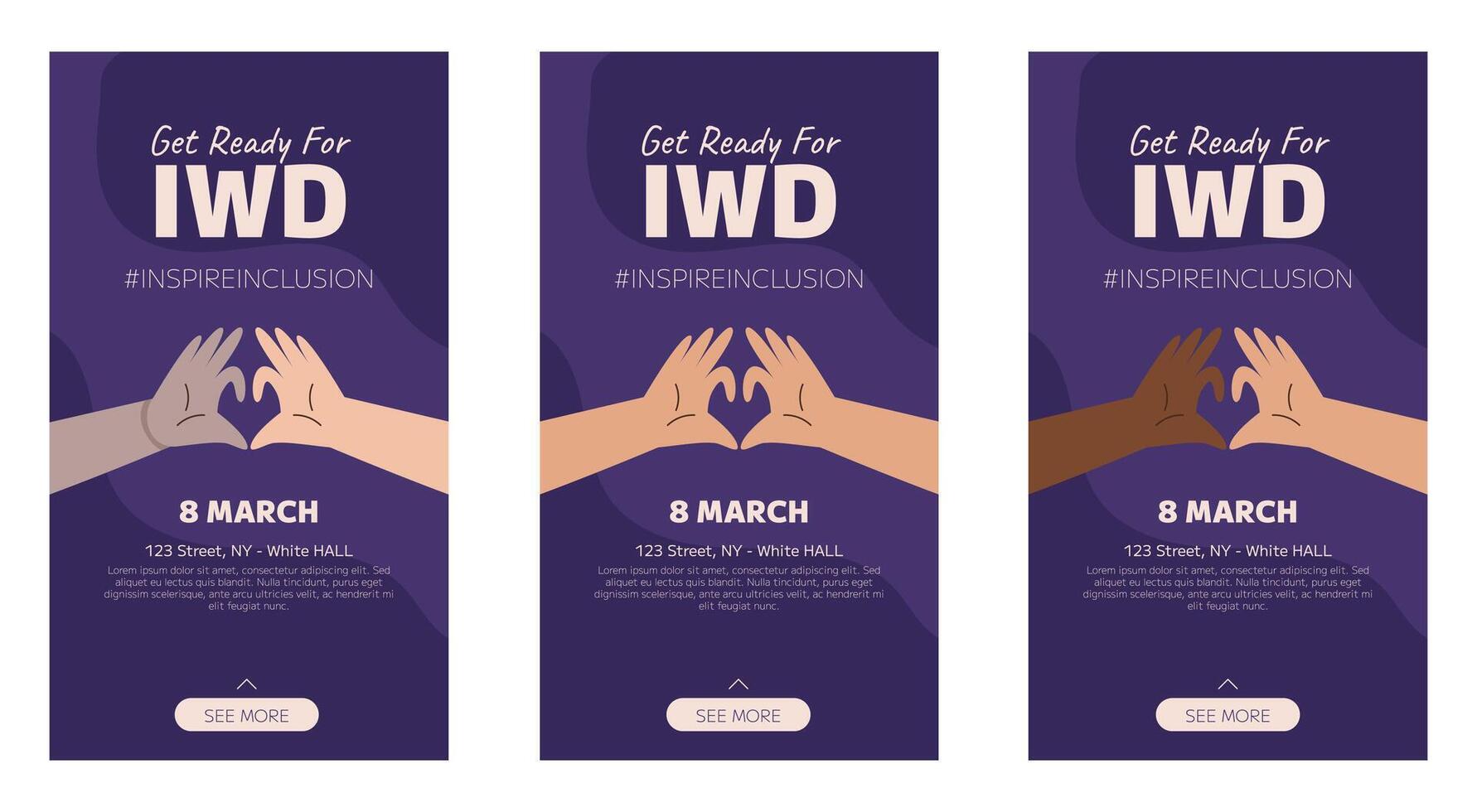 IWD Inspire Inclusion campaign, International Women's Day 2024 Vertical social media stories template collection features variety of hands showing the heart gesture. vector