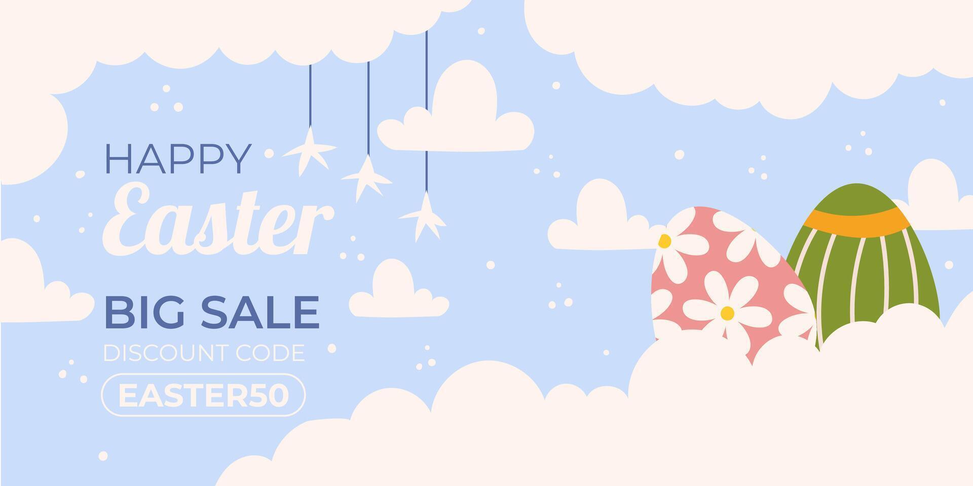 Easter sale horizontal background template for promotion. Design on sky blue background with painted eggs lay on clouds, stars hanging by a string vector