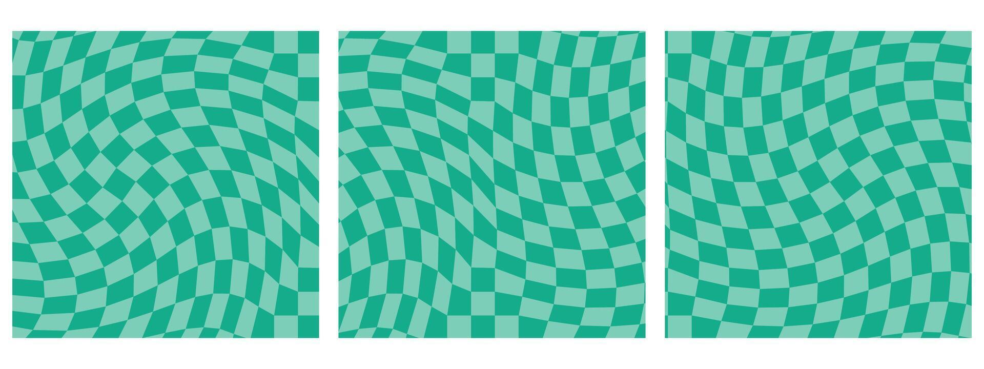 Set of Square Vintage Aesthetic Backgrounds with Groovy Checkered Pattern and Psychedelic Checkerboard Textures in Turquoise color palette vector