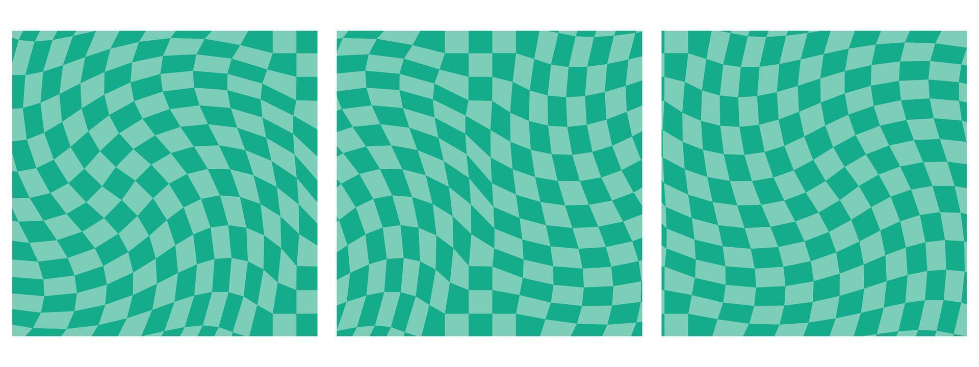 Set of Square Vintage Aesthetic Backgrounds with Groovy Checkered Pattern and Psychedelic Checkerboard Textures in Turquoise color palette vector