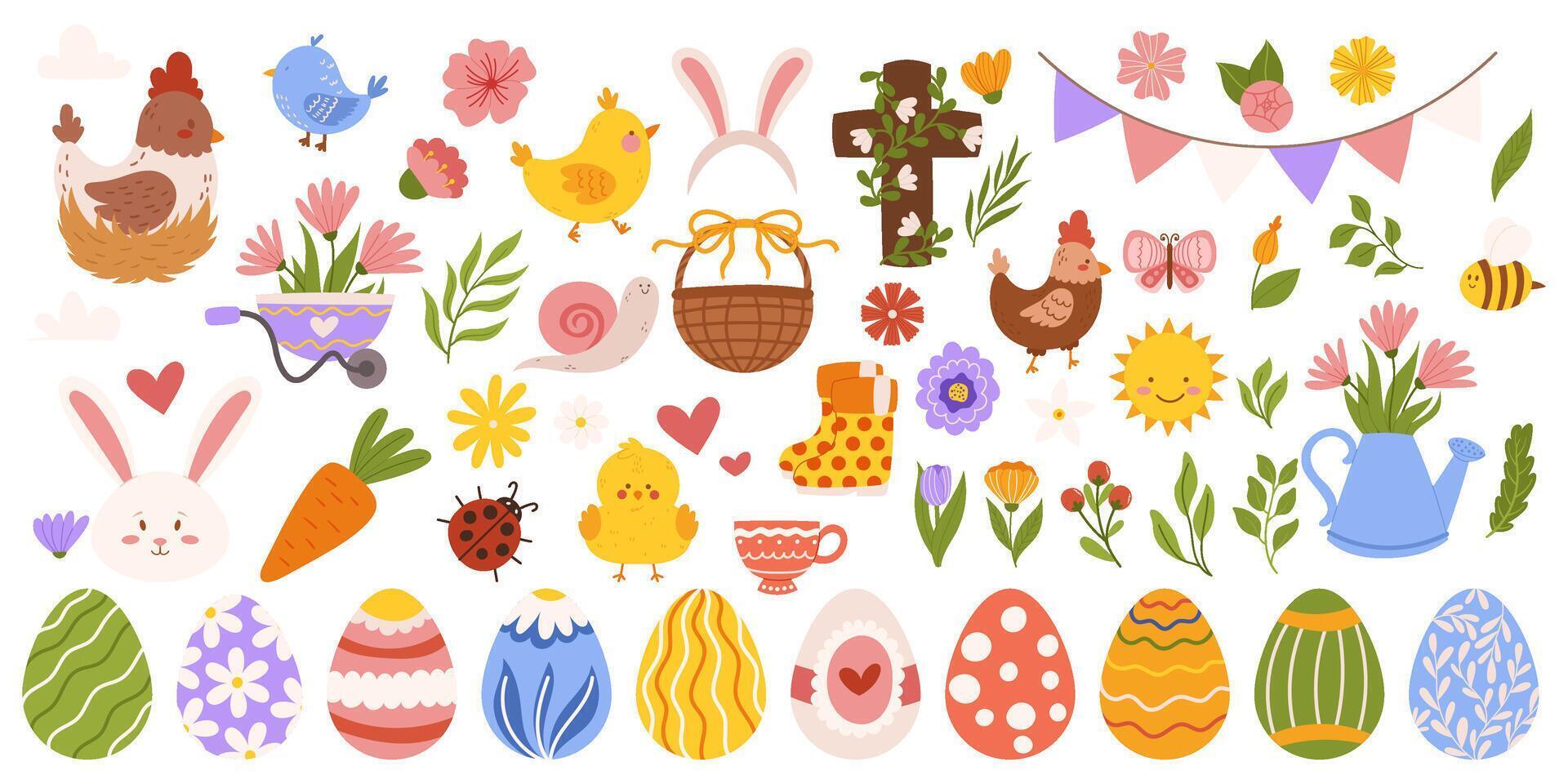 Easter big collection with different elements on theme - painted eggs, bunny, chickens and flowers, cross. Hand drawn vector flat elements.