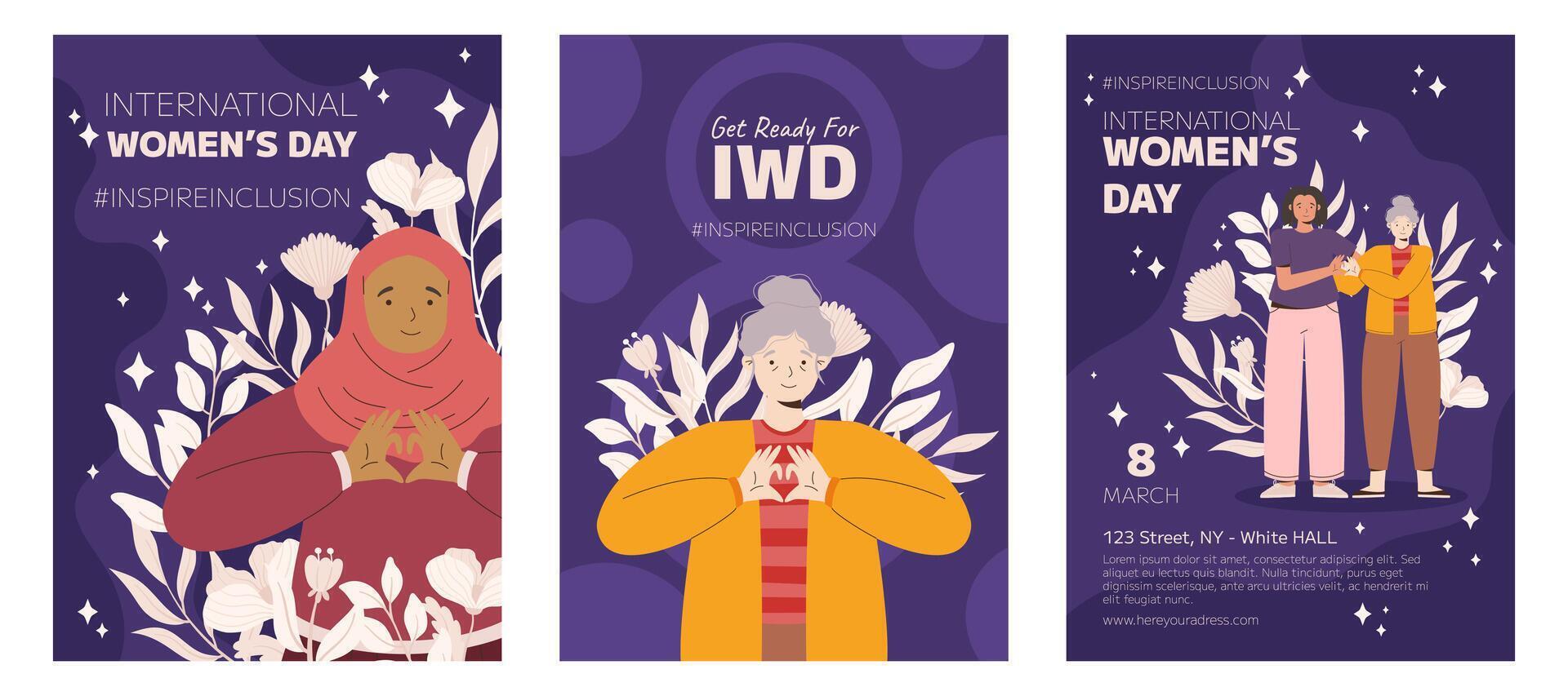 IWD Inspire Inclusion campaign, International Women's Day 2024 Poster collection features a diversity of women making the heart gesture with their hands. Vector hand drawn illustration in flat style.