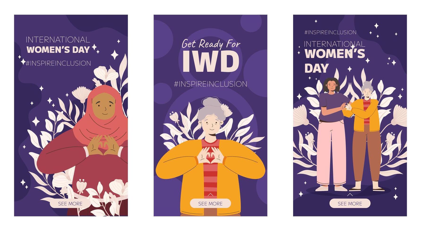 iwd inspirar inclusión campaña, internacional De las mujeres día 2024 vertical social medios de comunicación cuentos modelo colección caracteristicas un diversidad de mujer haciendo el corazón gesto con su manos. vector