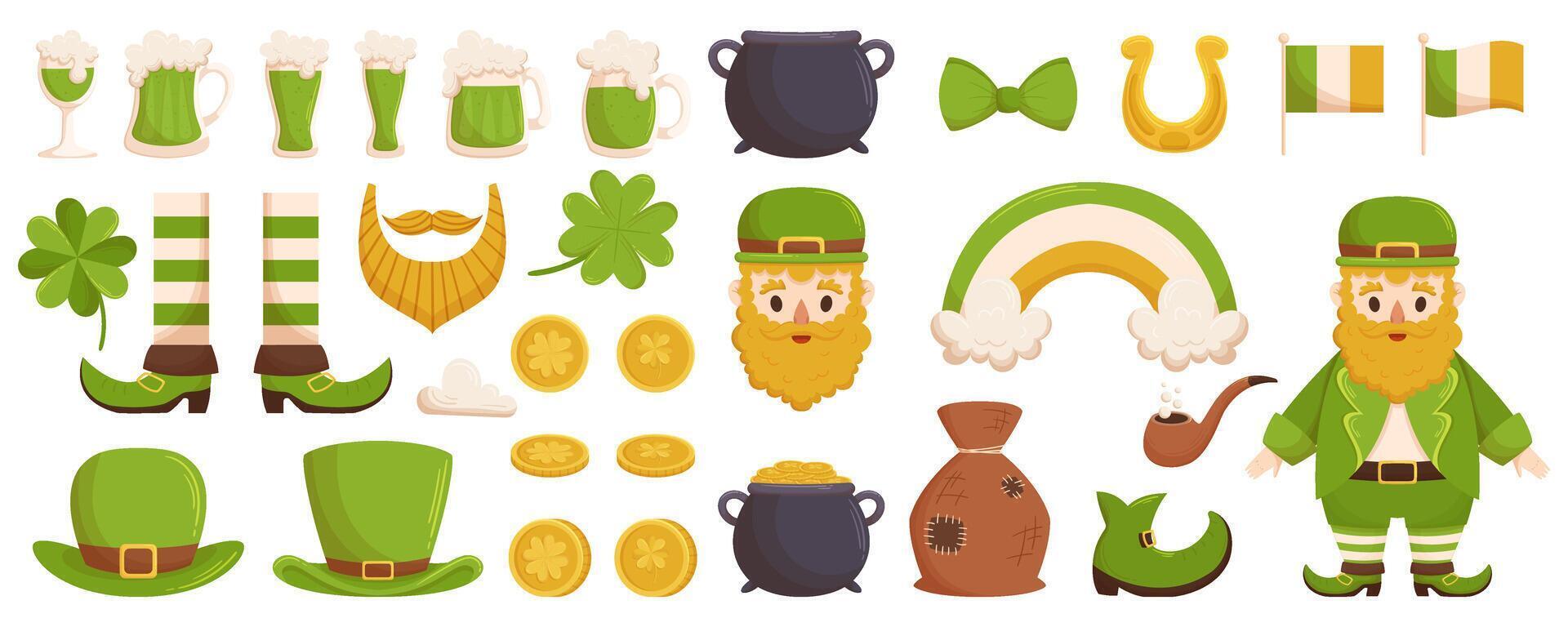 Saint Patrick festival collection with different elements such Leprechaun, gold, green beer and shamrock. Vector hand drawn flat illustration for festive designs