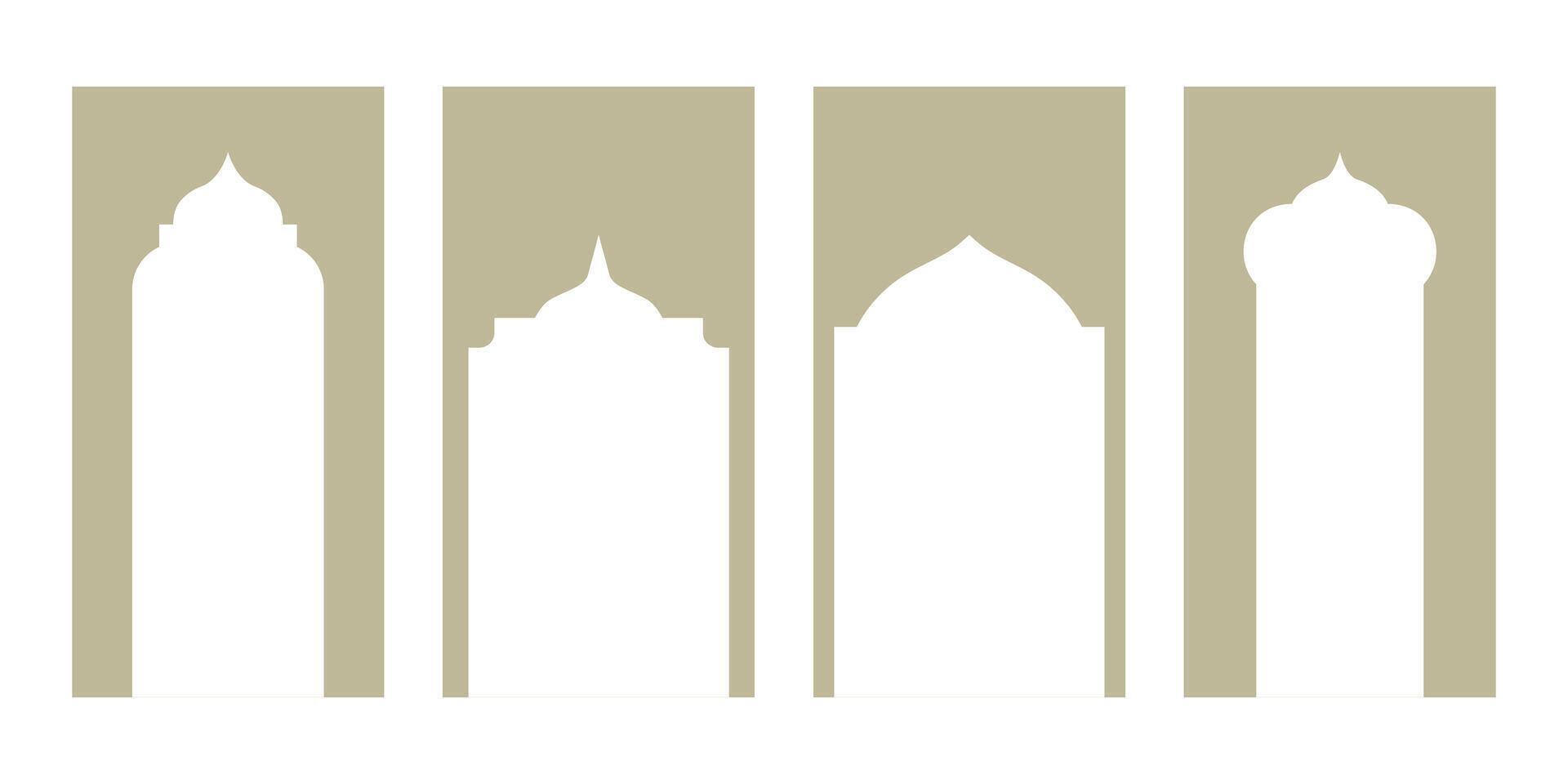 Enchanting Collection of Oriental Style Islamic Ramadan Kareem and Eid Mubarak Windows and Arches. Modern Design Featuring Doors, Mosque Domes, and Lanterns. Social media vertical template vector