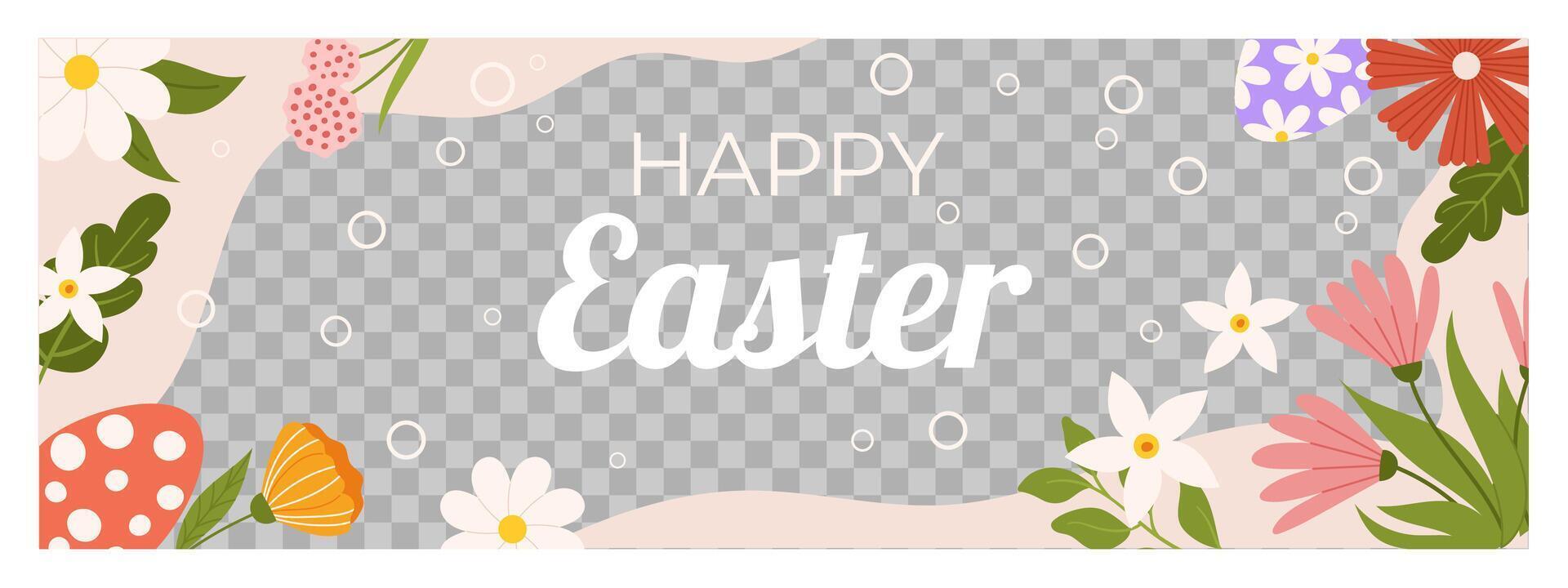 Easter horizontal banner template. Design for celebration spring holiday with transparent frame for photo, painted eggs and flowers around vector