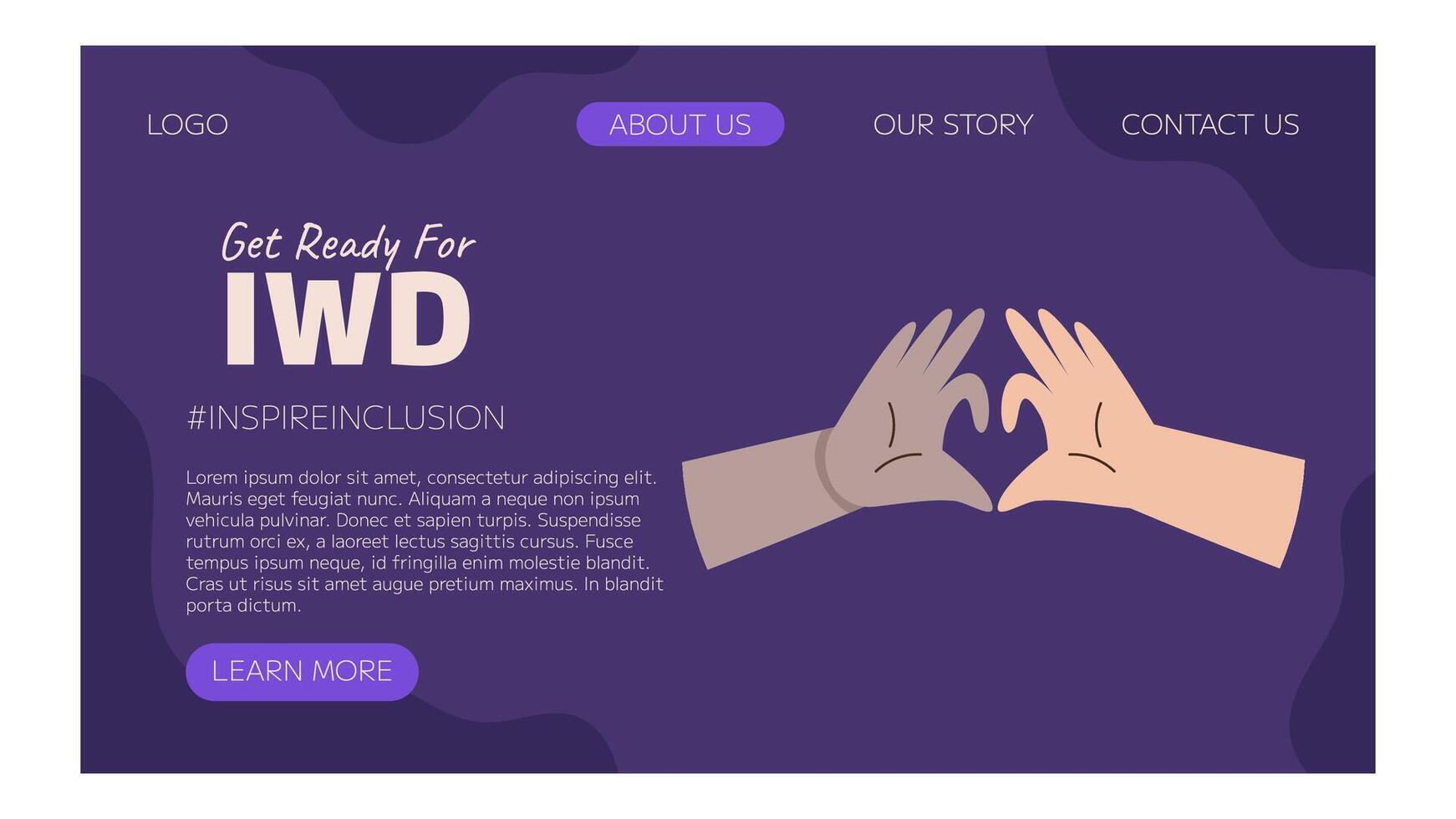 IWD Inspire Inclusion campaign, International Women's Day 2024 Landing page template features variety of hands showing the heart gesture. Vector hand drawn illustration in flat style.