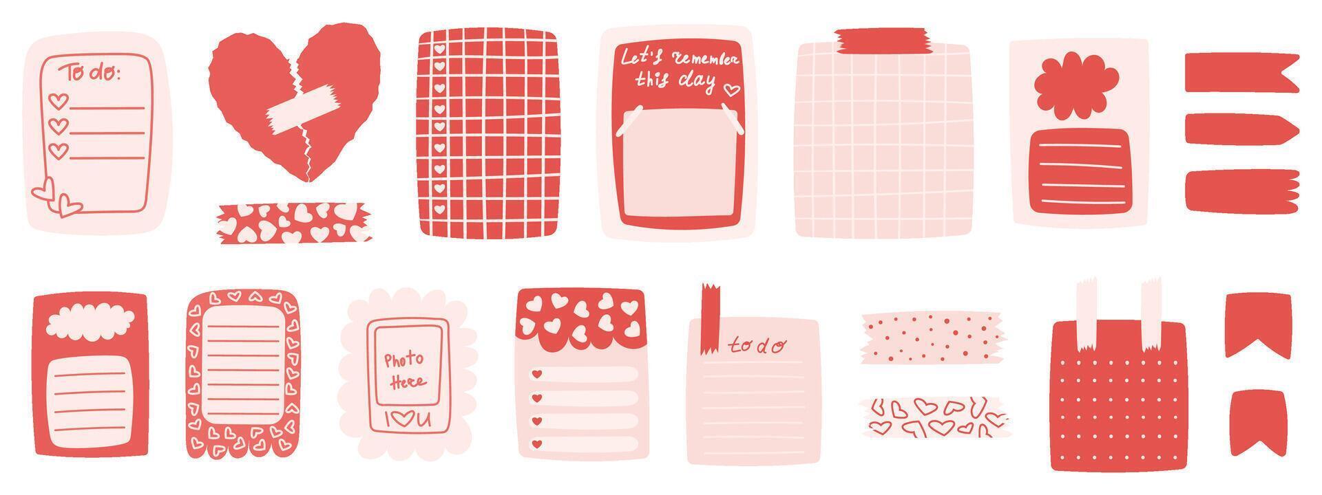 Collection of Valentine day themed memo stickers. Journal planning love sticker sheets. vector