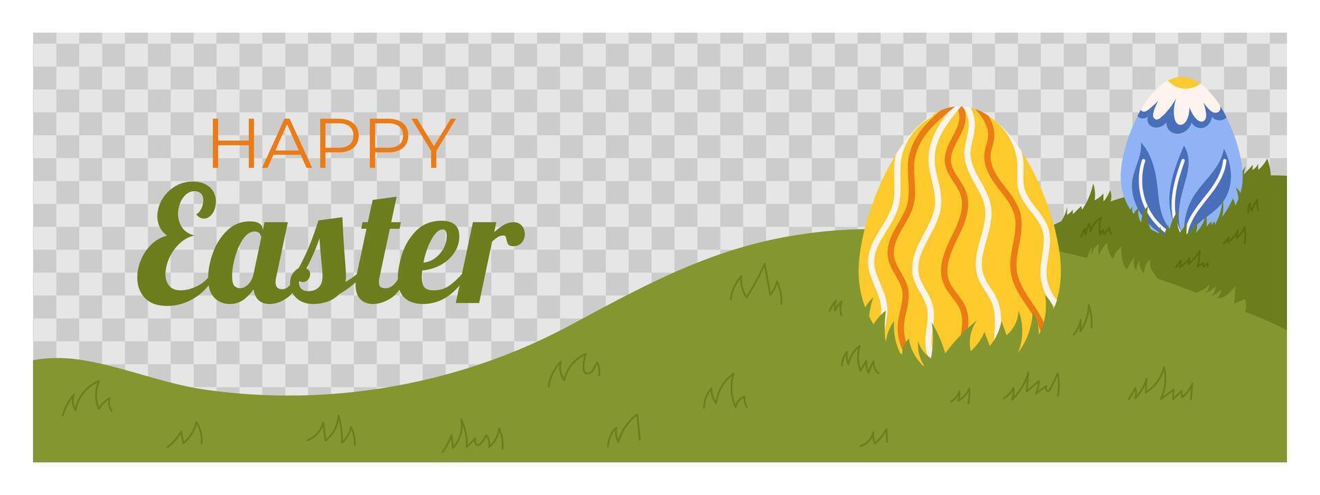 Easter horizontal banner template. Design for celebration spring holiday with transparent frame for photo, painted eggs and green field, grass vector