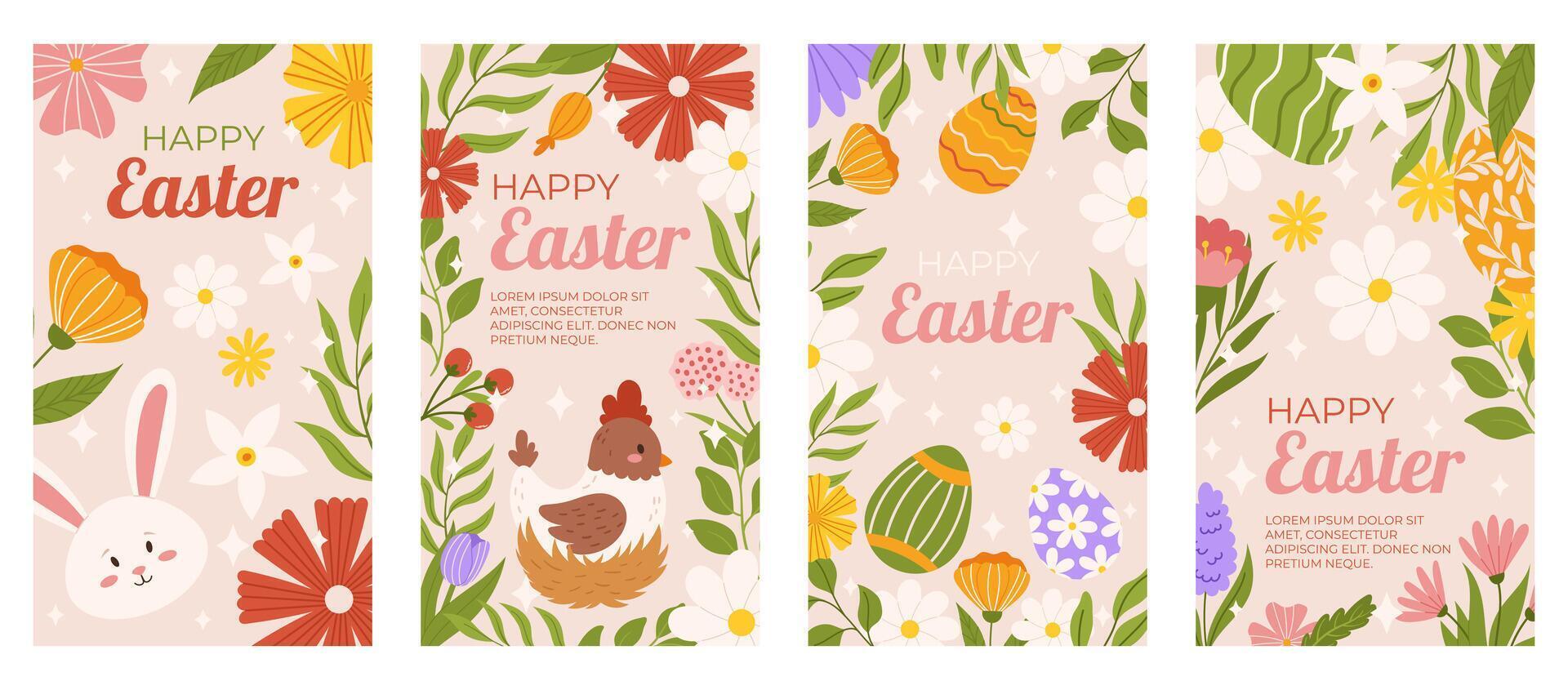 Pascua de Resurrección colección de vertical social medios de comunicación modelo para compras venta. diseño con floral marcos, pintado huevos, conejito y pollo en nido. plano mano dibujado ilustraciones para promoviendo vector