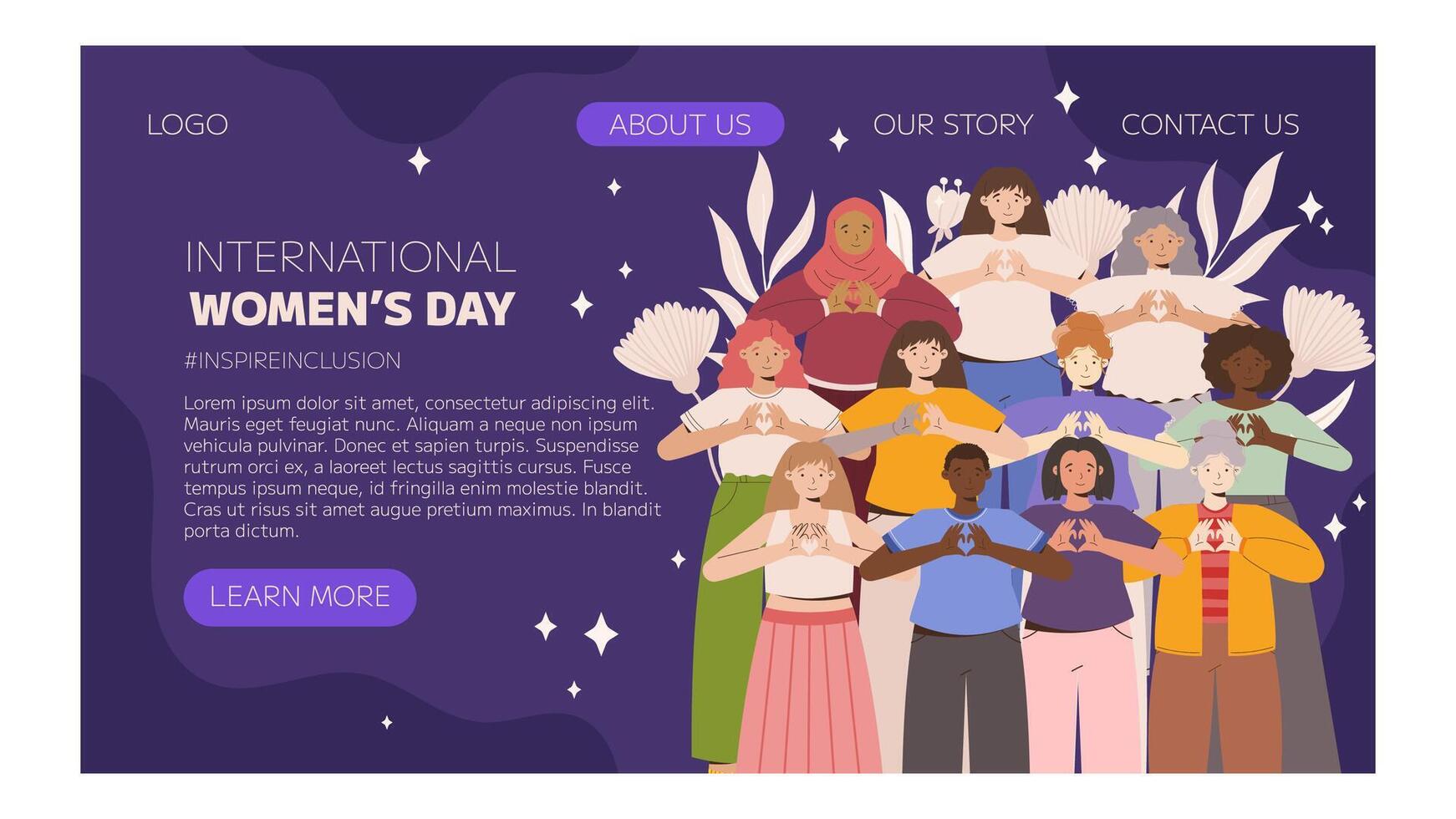 IWD Inspire Inclusion campaign, International Women's Day 2024 Landing page template features a diversity of women making heart gesture with their hands. Vector hand drawn illustration in flat style.