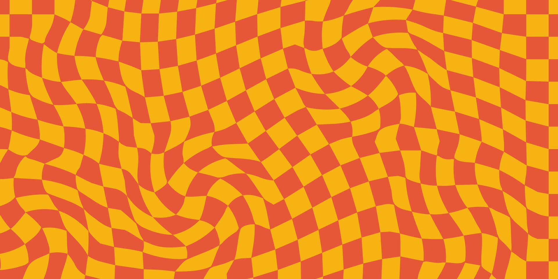 Groovy Checkerboard Waves Patterns. Twisted and Distorted Vector Textures Bring a Trendy Retro Psychedelic Style. Perfect for Y2K Aesthetic in Oranges Color Palettes