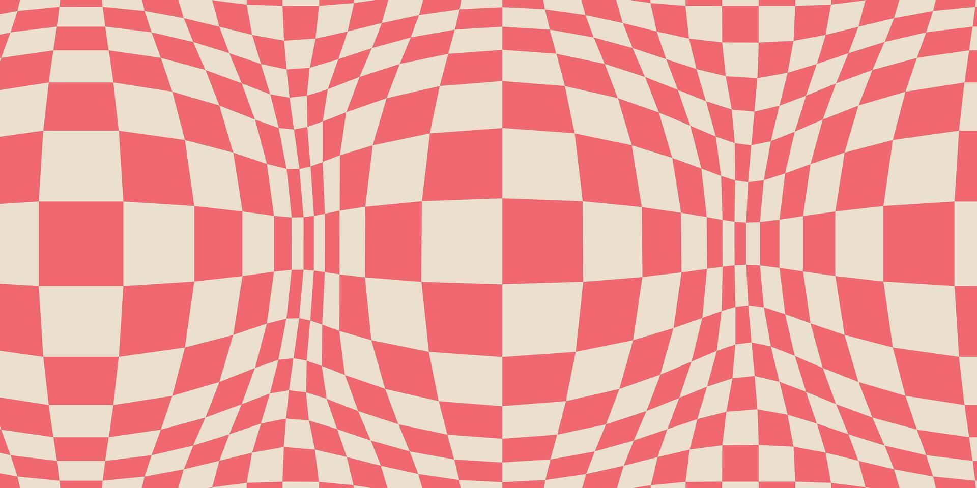 Bloated Checkered Colorful Background, Abstract Vector Pattern. The Retro Wavy Psychedelic Checkerboard in Red and White Colors.