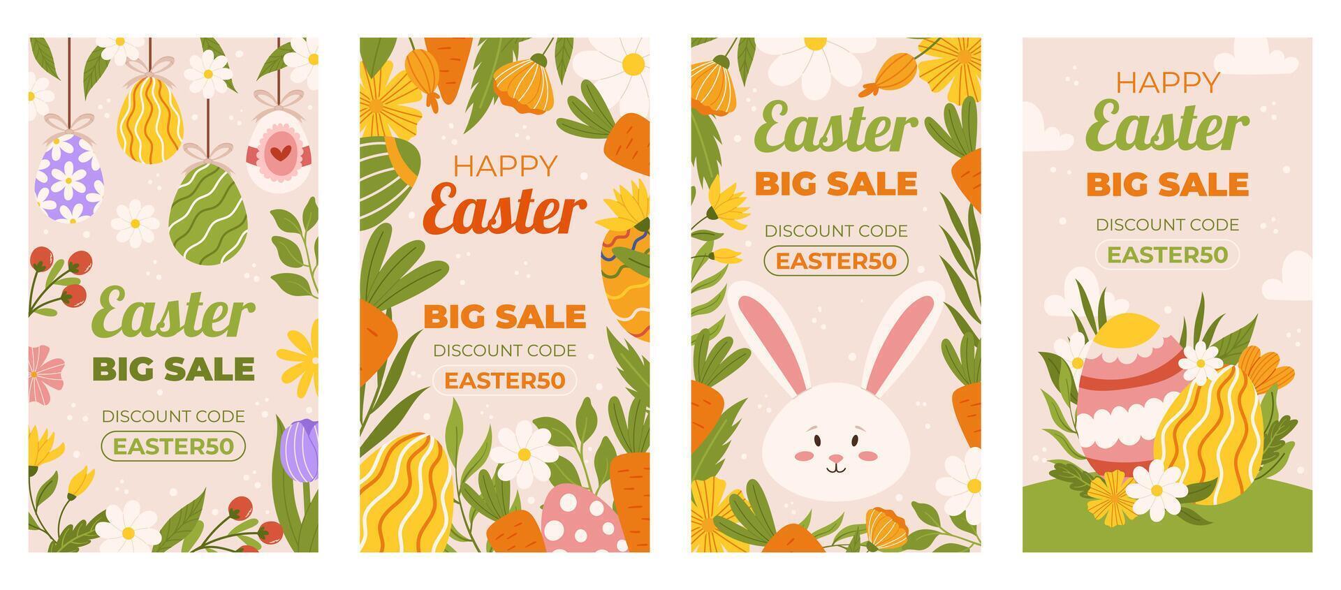 Easter collection of vertical social media template for shopping sale. Design with floral frames, painted eggs, carrot and bunny. Flat hand drawn illustrations for promoting vector