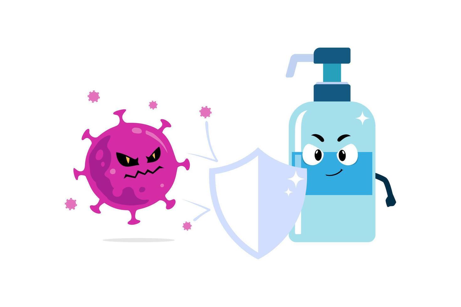 Hand sanitizer character holding medical shield against viruses and bacteria. Immune system concept illustration to avoid Coronavirus. vector