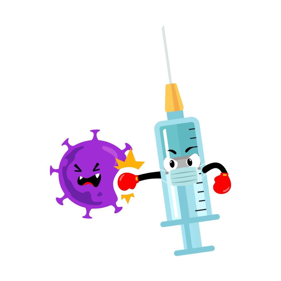 Vaccine and syringe mascot illustration fights againts coronavirus,  Anti virus medicine fights back covid-19 vector