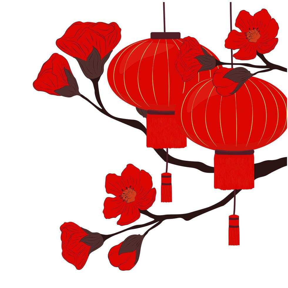 Happy lantern festival banner with lantern. Vector illustration for posters, flyers, greeting cards, banner, invitation. A branch with pink flower buds. Isolated on a white background.