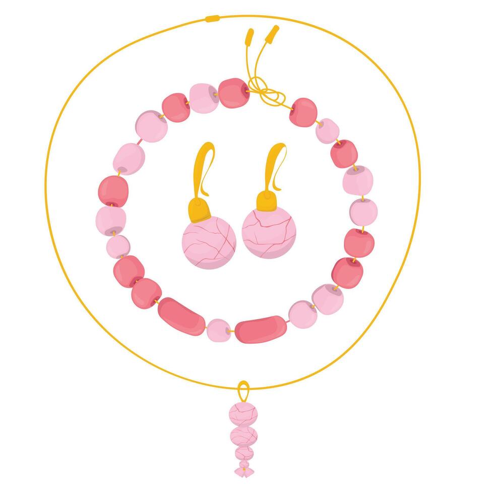 rosado joyería conjunto hecho de oro y cuarzo. vector valores ilustración. un conjunto de joyería hecho de rosario. aislado en un blanco antecedentes.