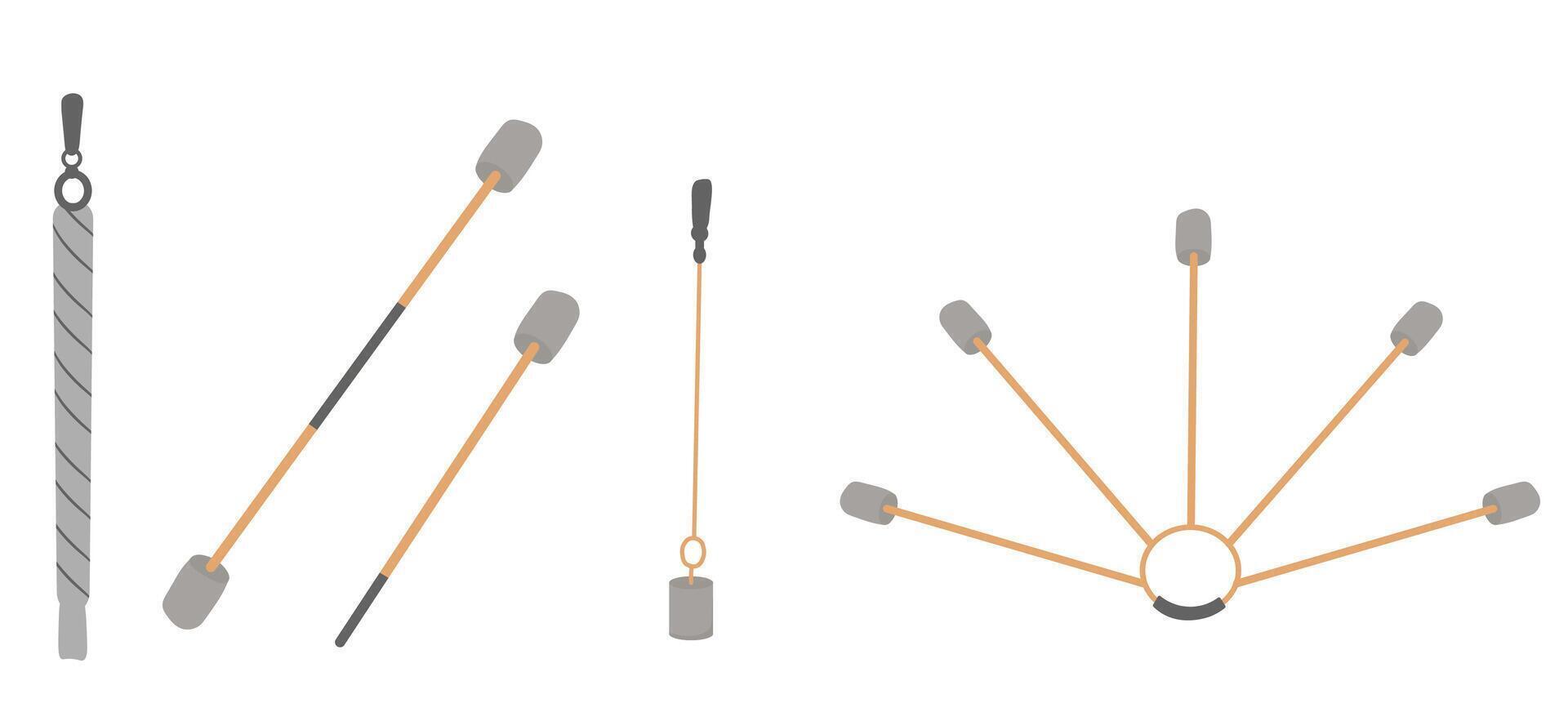 Tools for juggling fire. Vector stock illustration. Isolated on a white background. Fire show, dancing with flame.