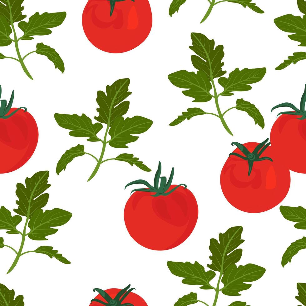 Tomatoes are a seamless repeating pattern. Tomato vector stock illustration. Ripe red fruits of the vegetable.