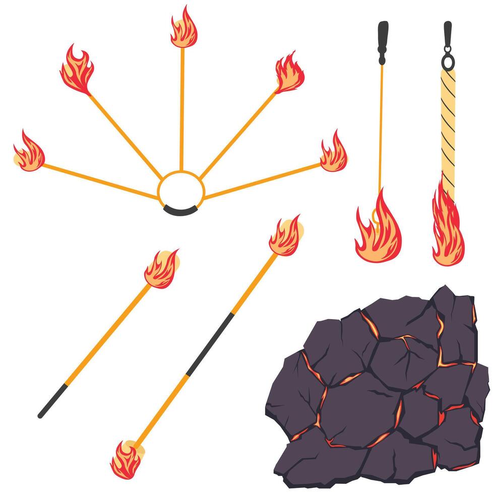 Tools for juggling fire. Vector stock illustration. Isolated on a white background. Fire show, dancing with flame.