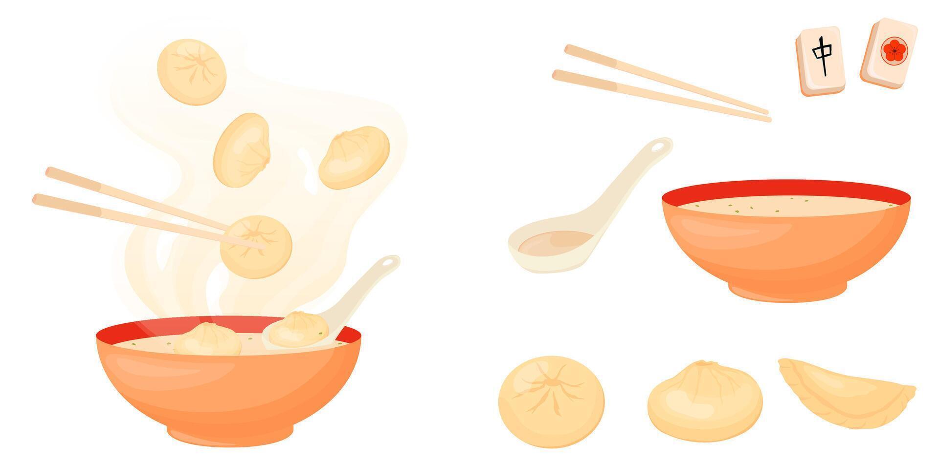 Find differences educational kids game with.  Asian dumplings. Dim sum. Vector stock illustration. isolated on a white background.