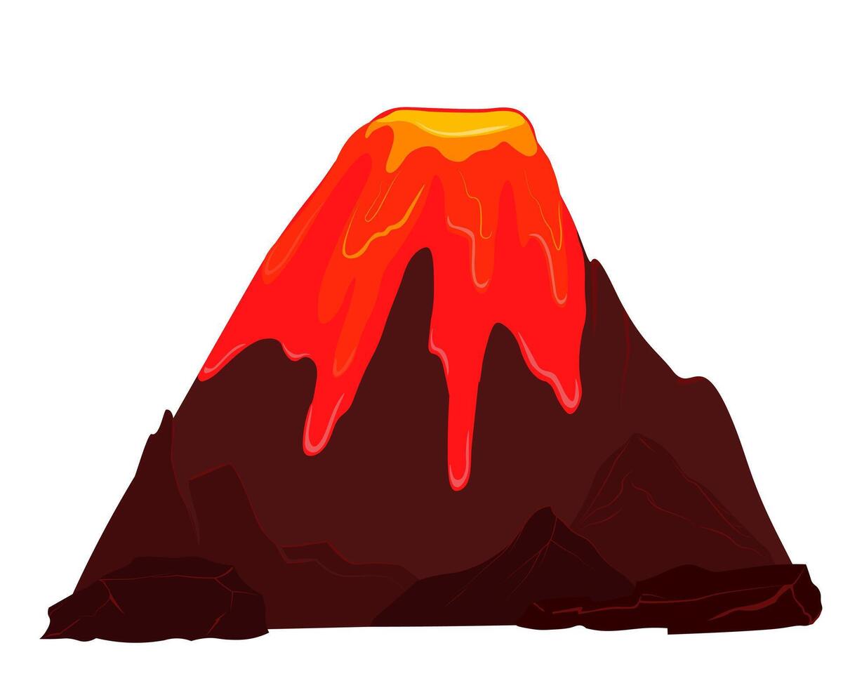 active volcano. Red lava flows through the mouth of the mountain. Vector stock illustration. Isolated on a white background.