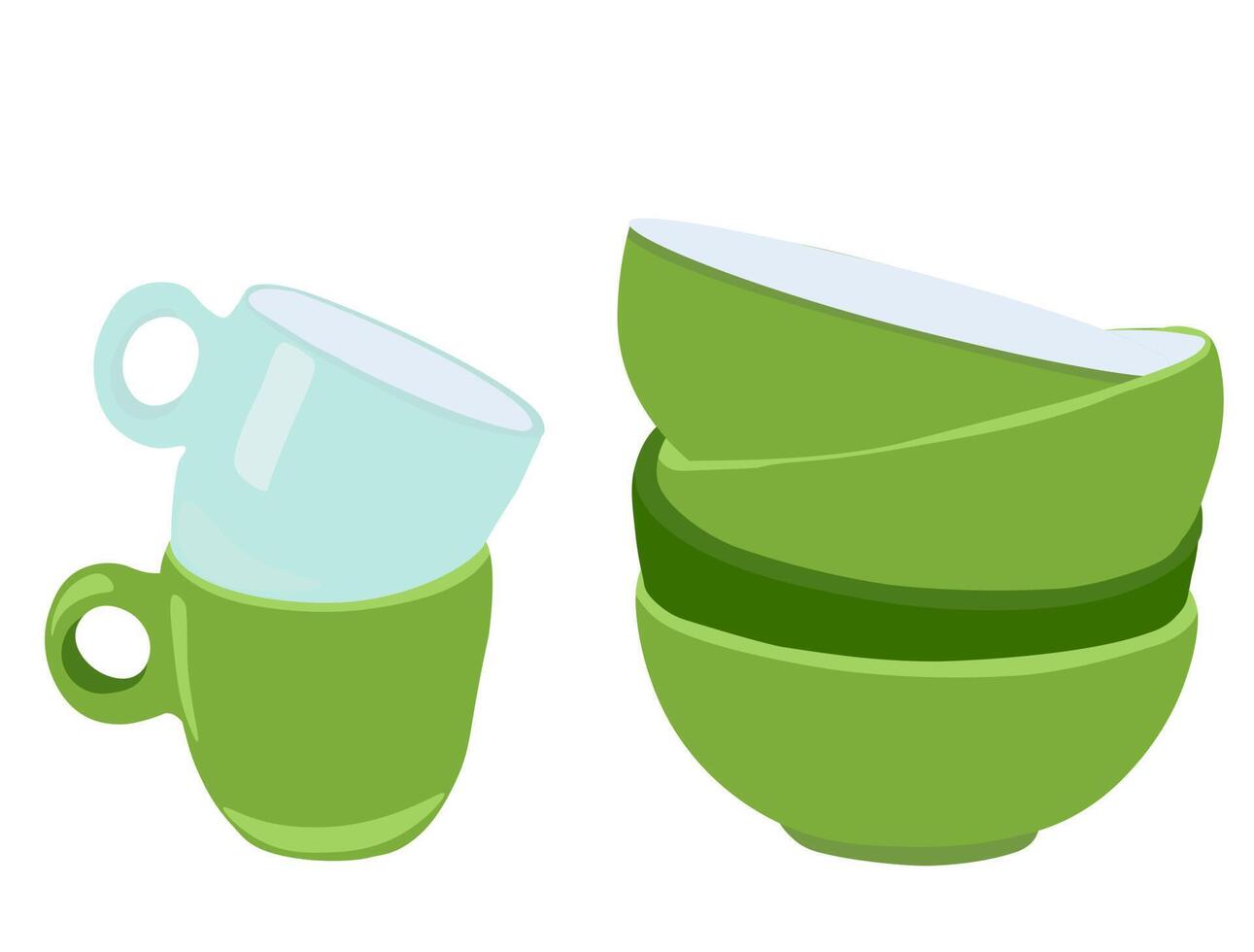 Green cups and plates vector stock illustration. A mountain of clean dishes. A design element for a restaurant menu or recipe. Household duties. Isolated on a white background.