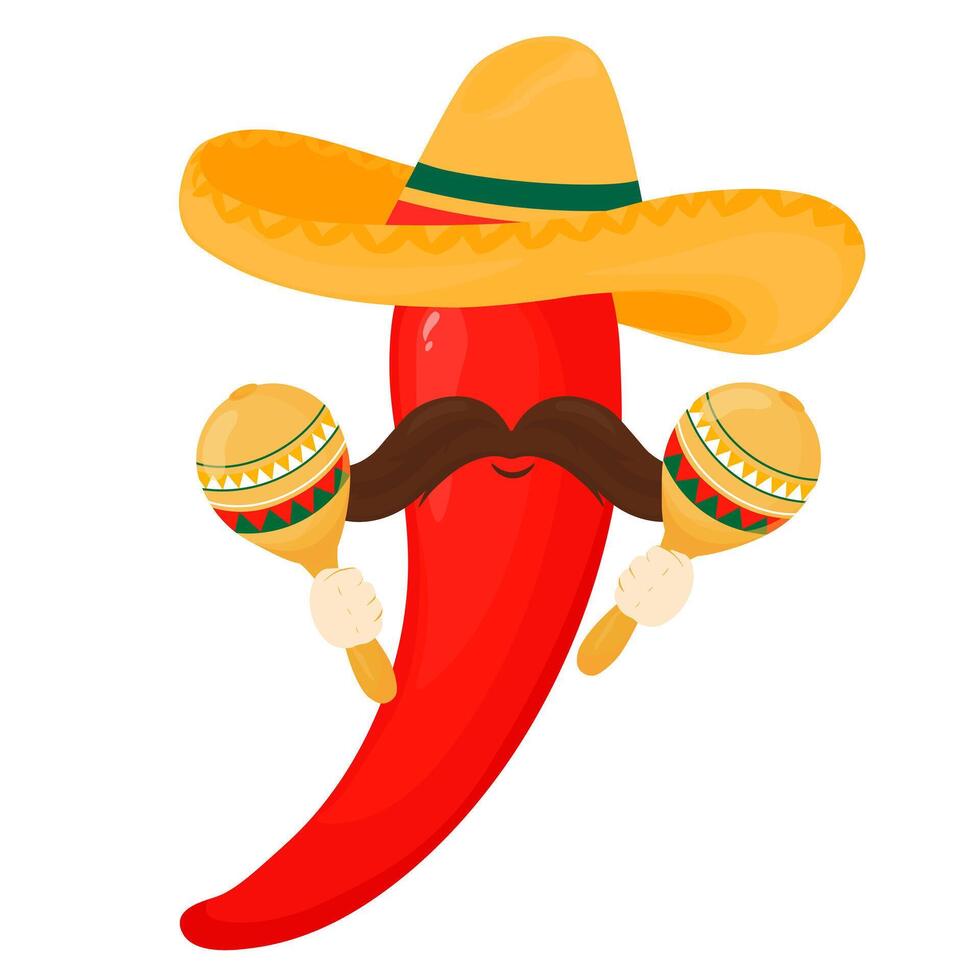 linda cómic personaje rojo chile pimienta con maracas mexicano alimento. vector ilustración para platos, menú, póster, volantes, bandera, entrega, Cocinando concepto.