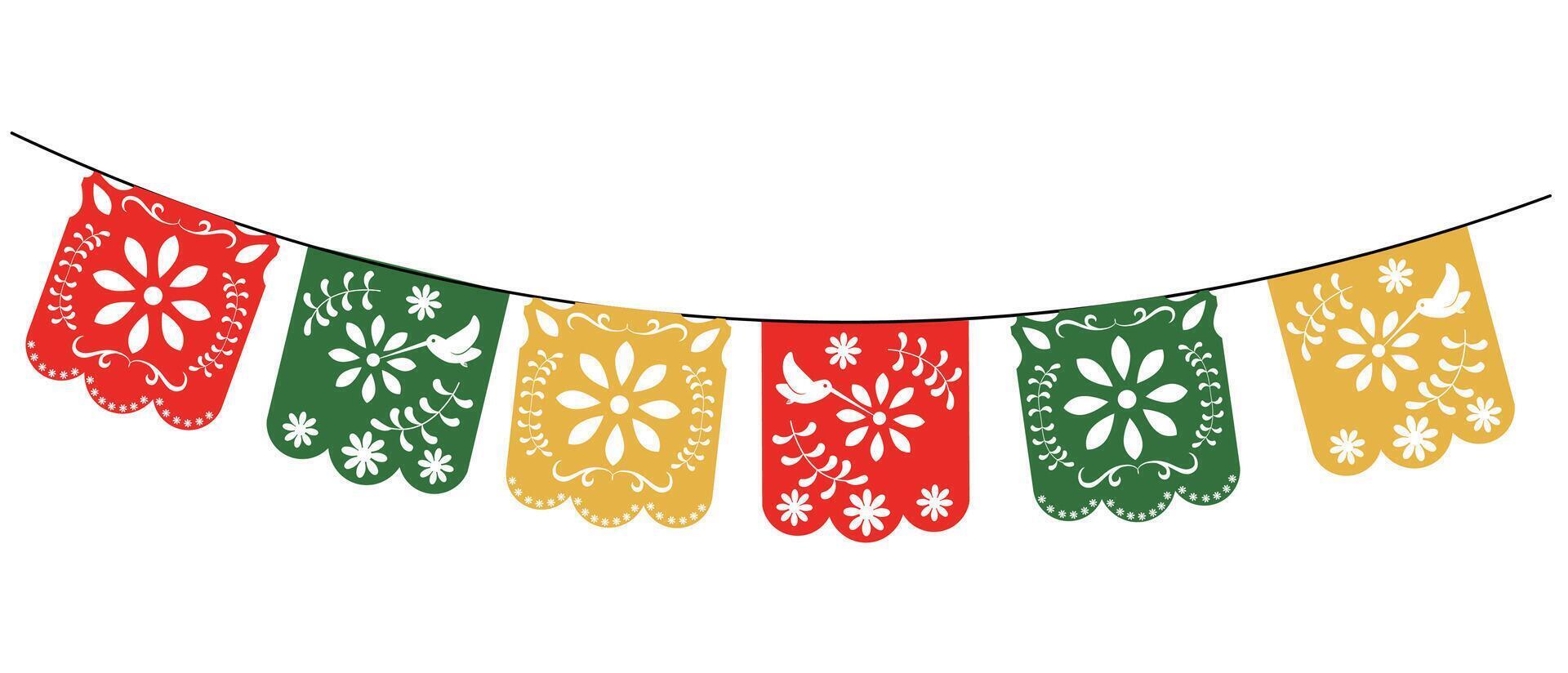 Mexican papel picado paper cut holiday flags and banners. Day of the Dead, Dia De Los Muertos and Cinco de Mayo flags with. Vector illustration. isolated on a white background.