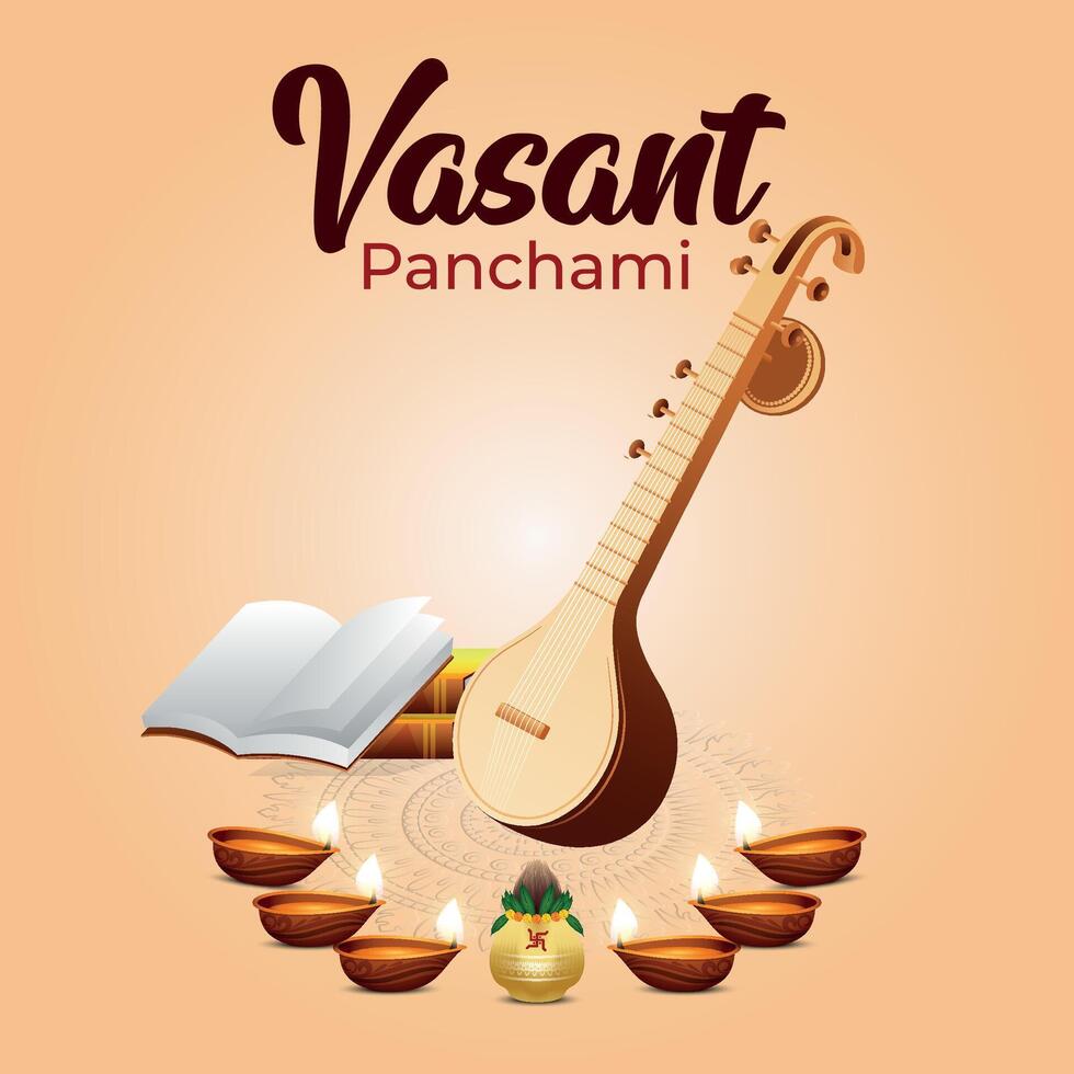 Happy Vasant Panchami. Goddess Saraswati and saraswati puja. vector