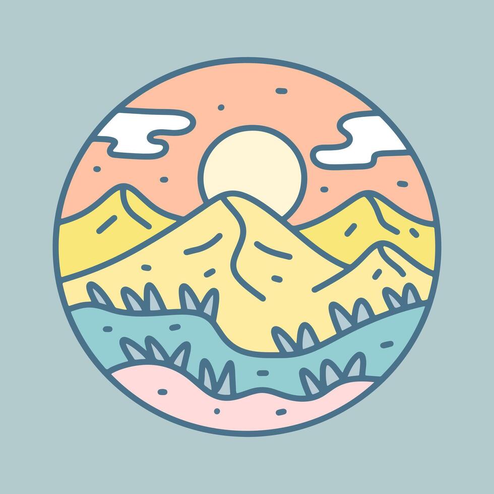 Explore the nature with mountain scenery illustration for badge, sticker, patch, t shirt design, etc vector