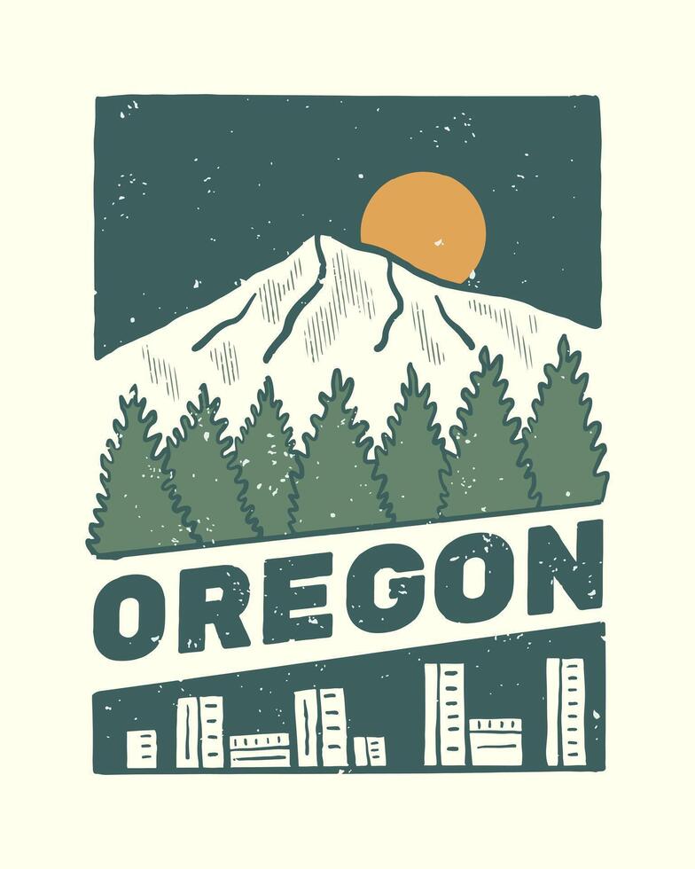 Portland and Mt Hood in Oregon vintage hand drawing vector illustration