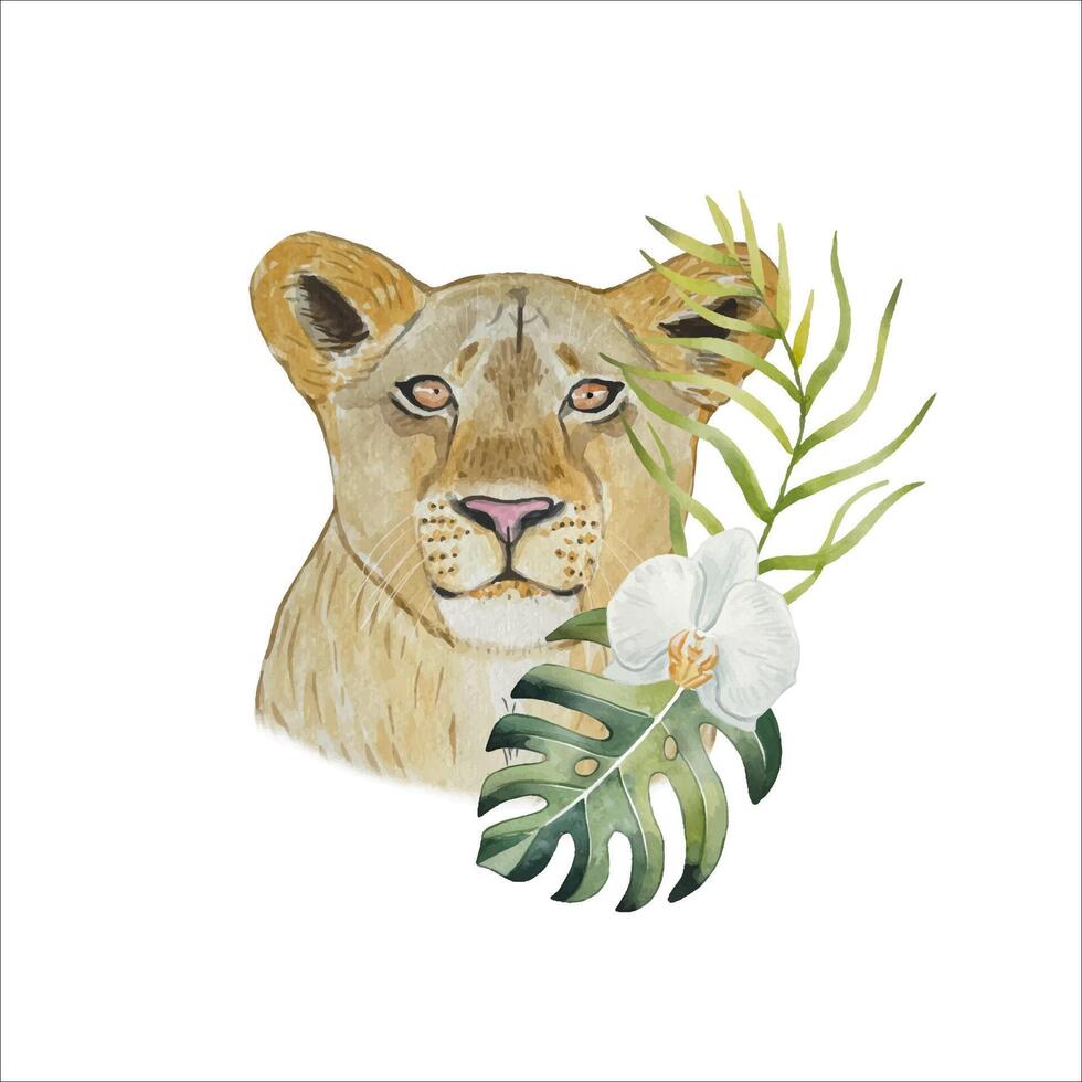 Watercolor cute lioness and floral tropical bouquet. Wild cat and plants, flowers. vector