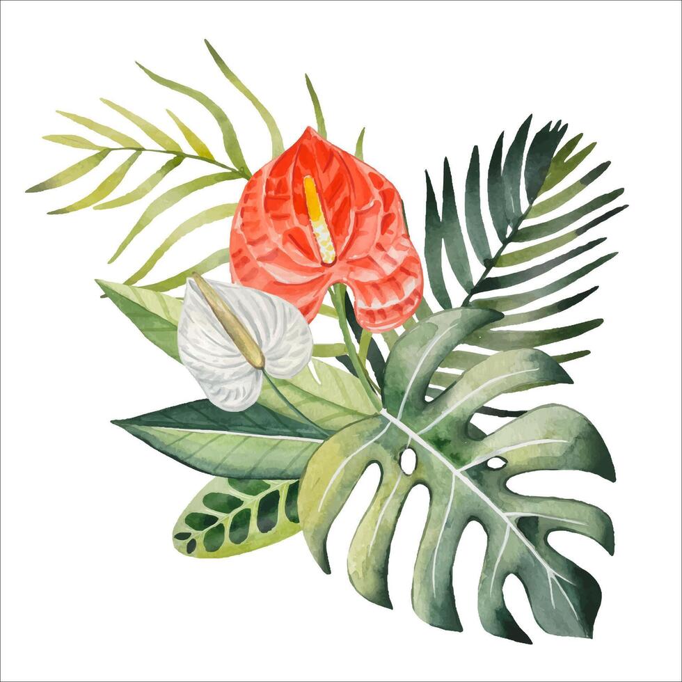 Hand drawn bouquet with tropical leaves and flowers, watercolor vector