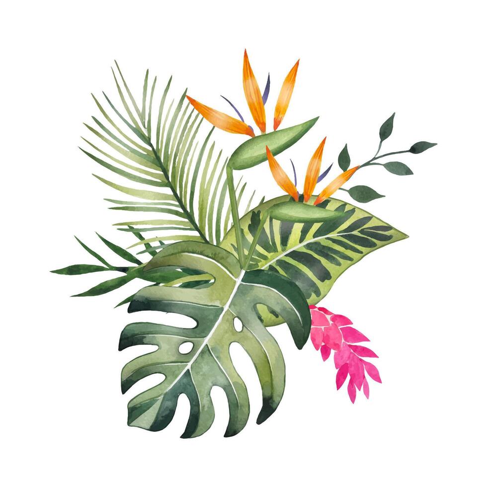 Hand drawn bouquet with tropical leaves and flowers, watercolor vector