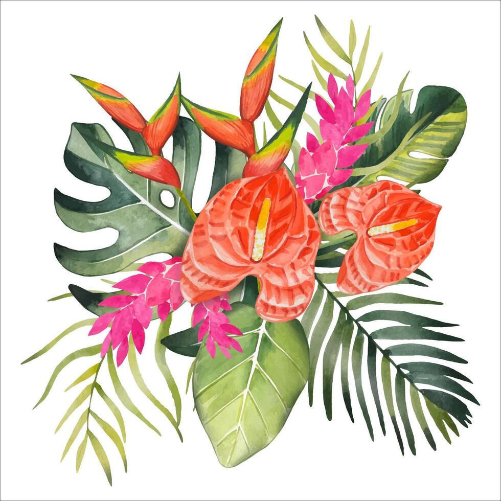 Hand drawn bouquet with tropical leaves and flowers, watercolor vector