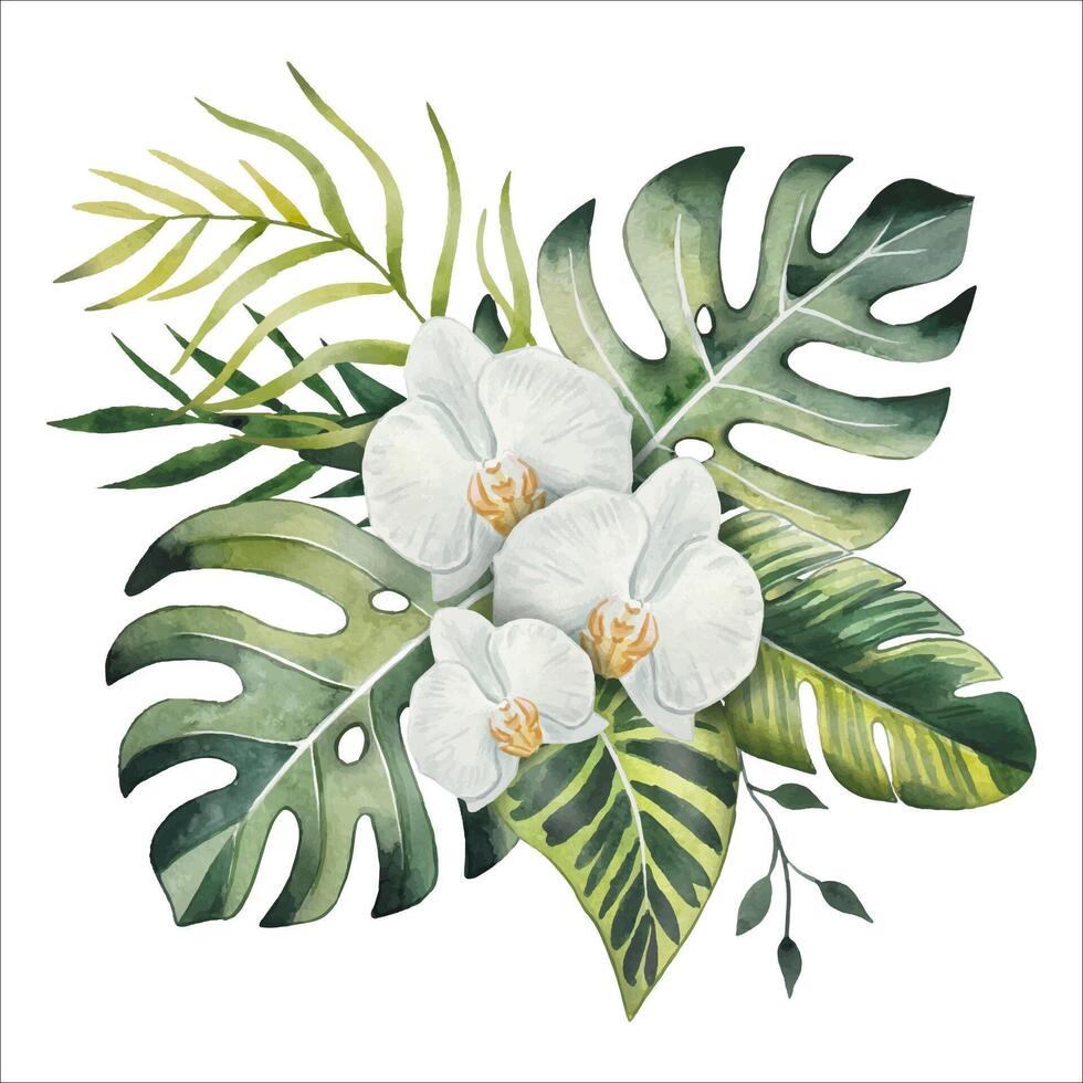 Hand drawn bouquet with tropical leaves and flowers, watercolor vector