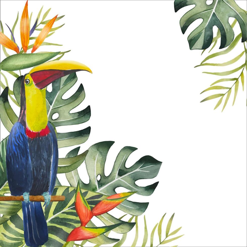 Hand drawn frame with toucan, tropical leaves, watercolor vector