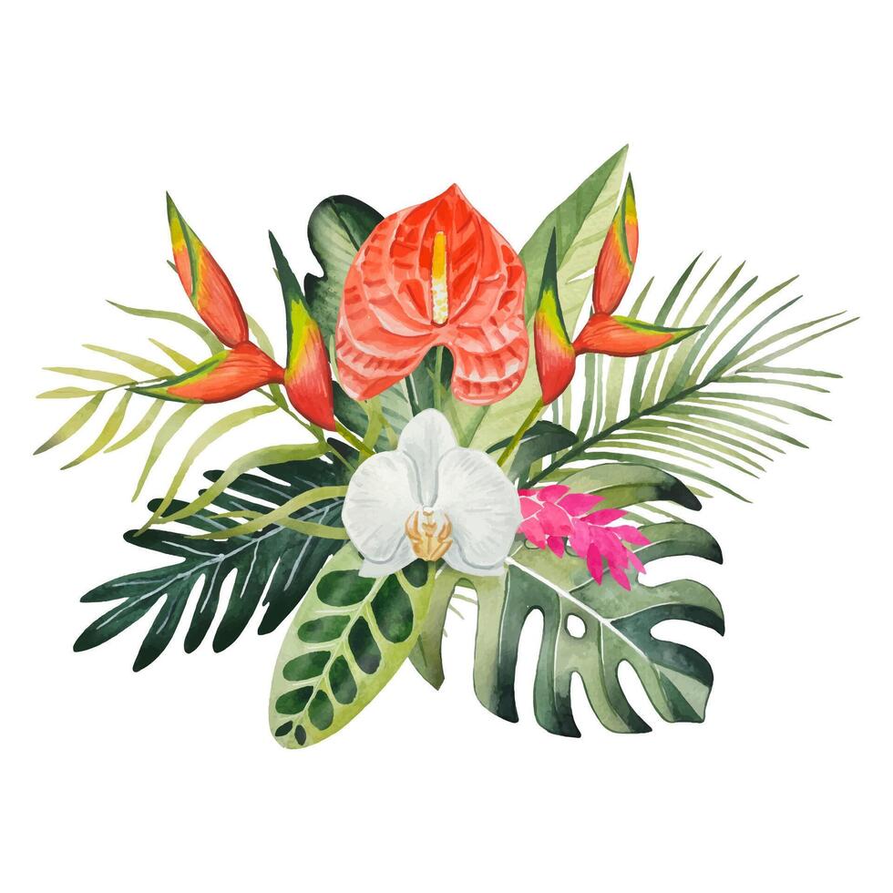mano dibujado ramo de flores con tropical hojas y flores, acuarela vector