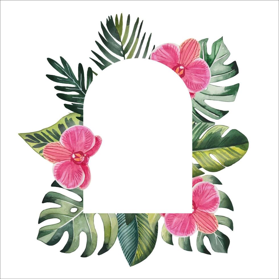 Hand drawn frame with tropical leaves and flowers, watercolor vector